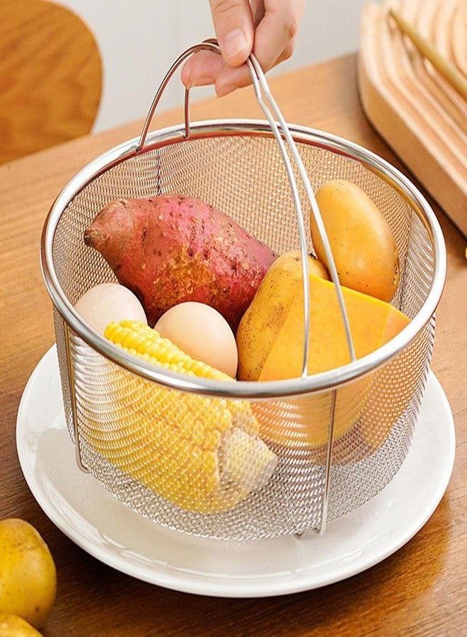 SHREESAMP Round Steam Basket Fryer Oven Steamer Mesh Net Strainer Washing Fruits Vegetables Frying Momos French Fry Chips Eggs Kitchen Stainless Steel Handle Colander - Image 2